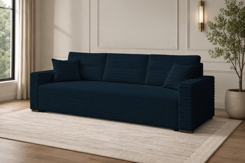Sofa LUNO granatowy HIT Sztruks - z funkcją spania i pojemnikiem