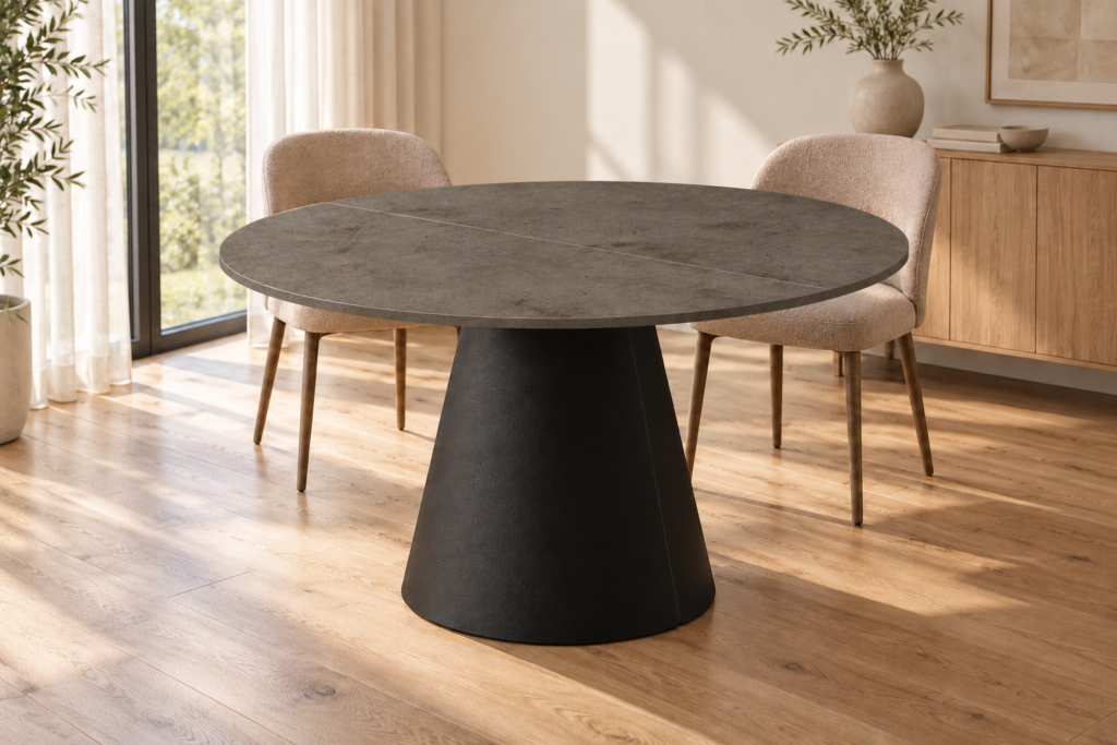 Stół SENSO rozkładany 100/120cm - beton ciemny blat, czarna podstawa