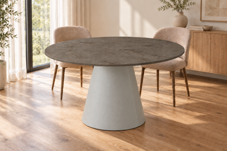Stół SENSO rozkładany 100/120cm - beton ciemny blat, kaszmirowa podstawa